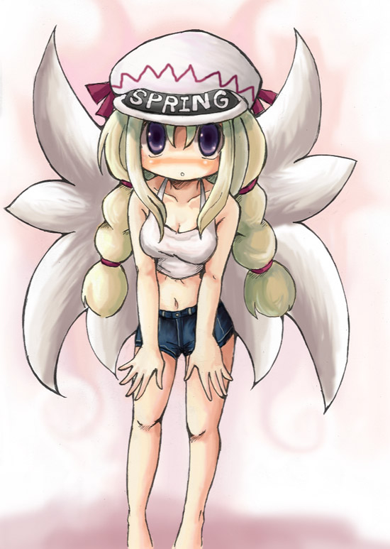 oyavun, vu (oyavun), lily white, touhou, 1girl, alternate costume, blonde hair, blush, casual, clothes writing, contemporary, english text, female focus, hat, purple eyes, shorts, solo, wings