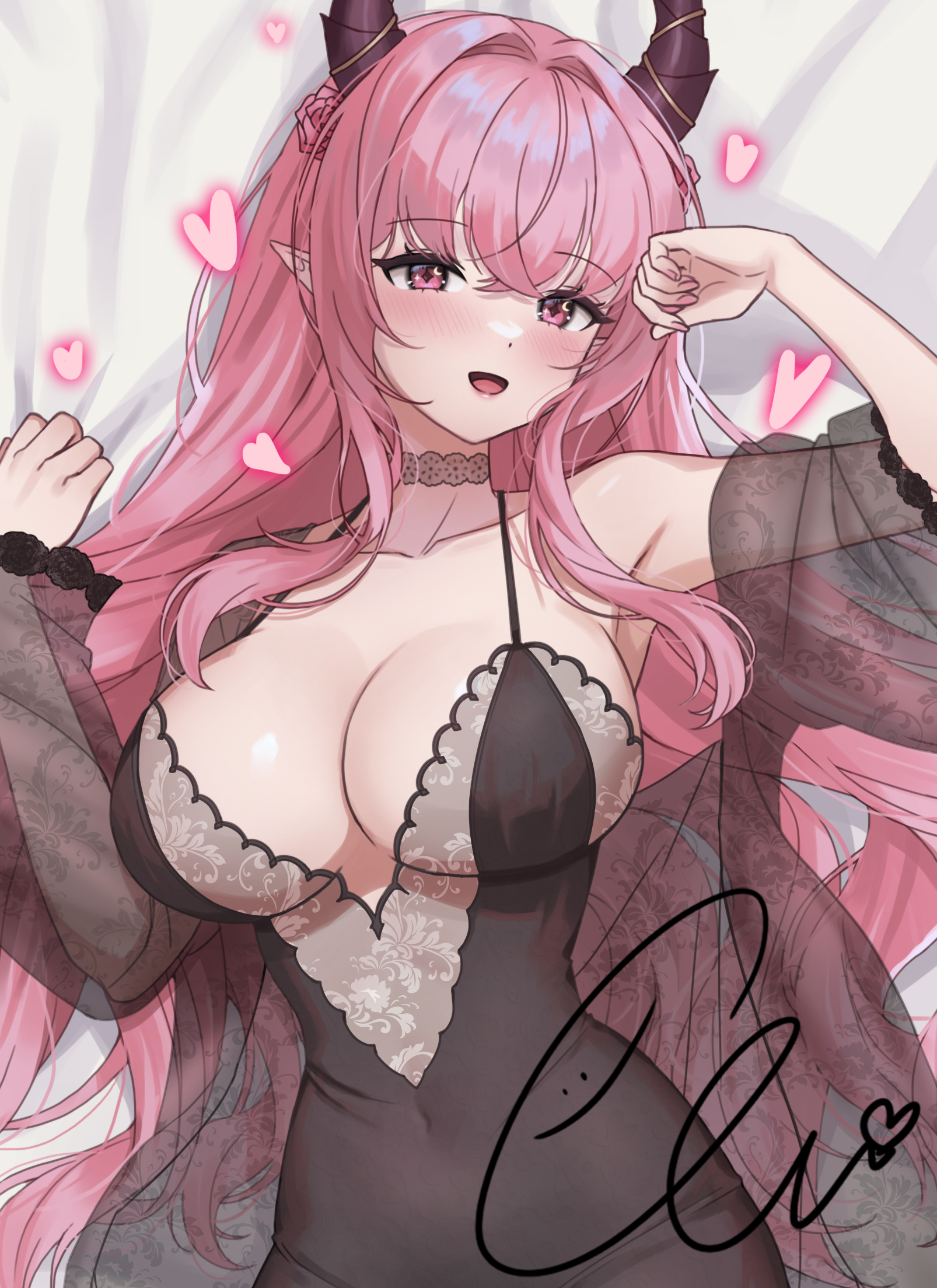ella 7737, original, commentary, highres, symbol-only commentary, 1girl, black dress, breasts, choker, cleavage, collarbone, covered navel, cowboy shot, crossed bangs, dress, grey choker, hair between eyes, hands up, heart, horns, large breasts, long hair, looking at viewer, loving aura, open mouth, pink eyes, pink hair, pointy ears, signature, simple background, single bare shoulder, smile, solo, white background, wispy bangs