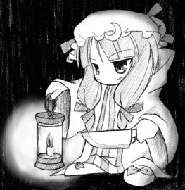 patchouli knowledge, tonberry, final fantasy, touhou, lowres, 1girl, butcher knife, crescent, female focus, greyscale, hat, kitchen knife, knife, lantern, long hair, monochrome, parody, solo