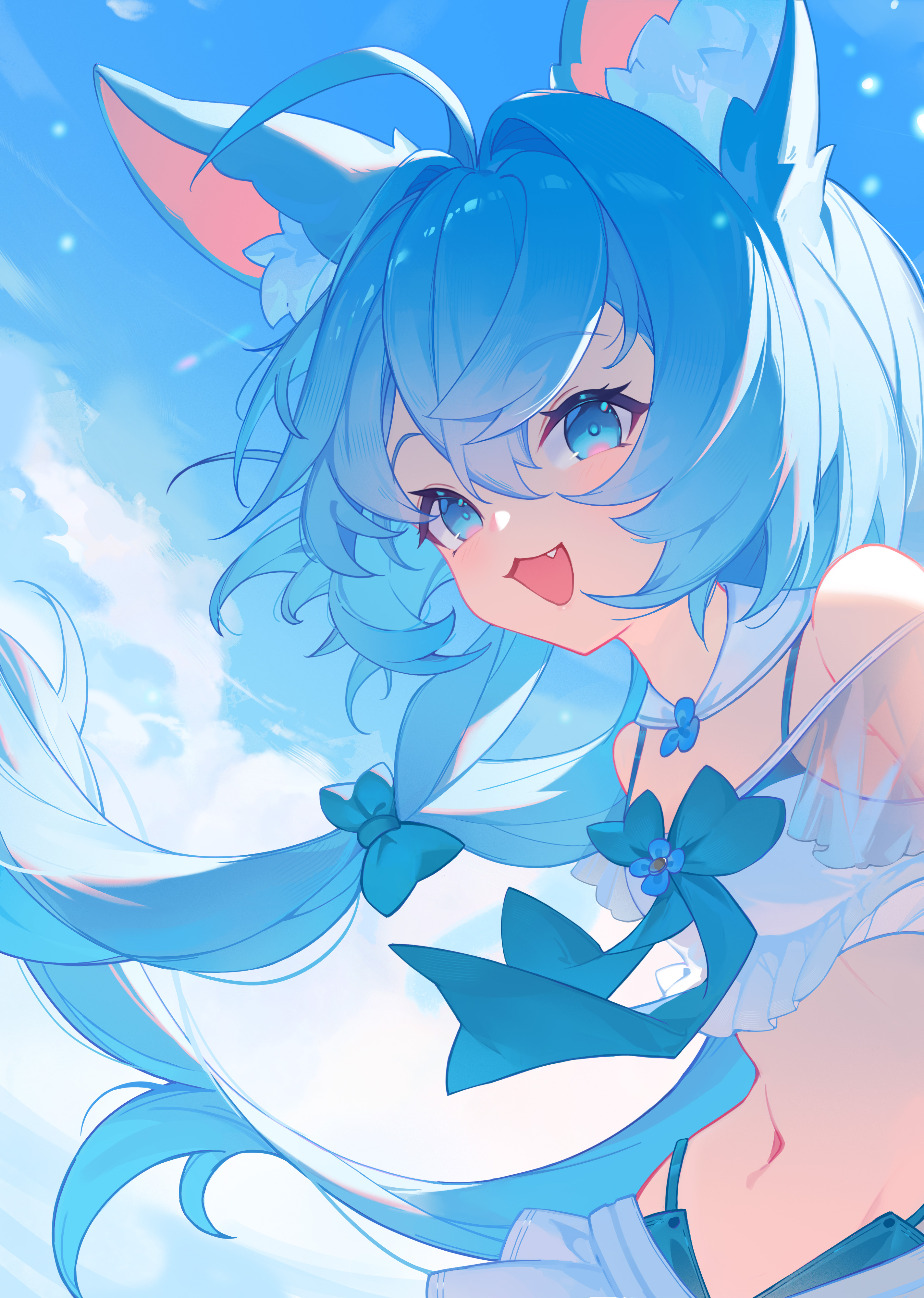 original, absurdres, highres, 1girl, :3, :d, animal ear fluff, animal ears, bare shoulders, bikini, blue bow, blue eyes, blue flower, blue hair, blue sky, bow, breasts, cai xiao xi, cloud, day, detached collar, fang, flower, hair between eyes, hair bow, long hair, looking at viewer, low twintails, off shoulder, open mouth, outdoors, see-through clothes, sky, small breasts, smile, solo, swimsuit, twintails, upper body, very long hair