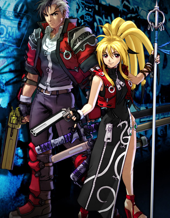 arisu reiji, xiaomu, banpresto, capcom, namco, namco x capcom, super robot wars, super robot wars og saga mugen no frontier, 1boy, 1girl, asymmetrical dual wielding, dual wielding, gun, handgun, pistol, revolver, shaomu, staff, weapon