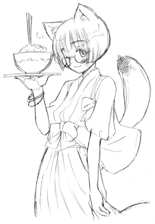 taguchi makoto, original, graphite (medium), traditional media, 1girl, animal ears, bracelet, chopsticks, dog ears, dog tail, female focus, glasses, greyscale, hakama, hakama skirt, japanese clothes, jewelry, monochrome, rice, sketch, skirt, solo, tail, tray