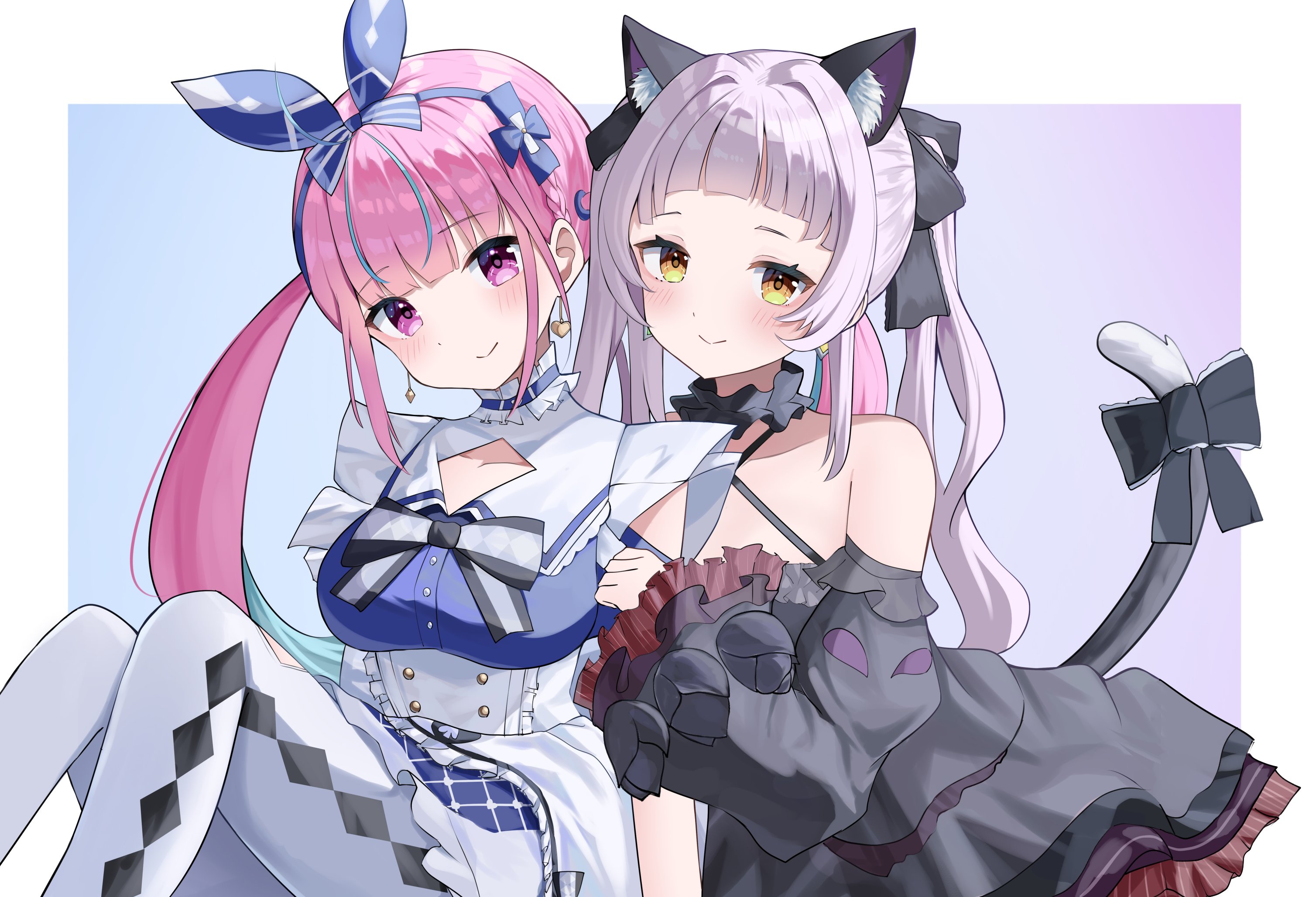 masamune-tan, minato aqua, minato aqua (aqua iro in wonder land), murasaki shion, murasaki shion (gothic lolita), hololive, highres, 2girls, animal ears, aqua hair, bare shoulders, black bow, black choker, black dress, black ribbon, black sleeves, black tail, blue background, blue dress, blue hairband, blue ribbon, blush, bow, braid, breasts, cat ears, cat girl, cat tail, chest bow, choker, closed mouth, collarbone, colored inner hair, detached sleeves, diamond print, dress, earrings, extra ears, frilled choker, frilled sleeves, frills, gradient background, grey hair, hair ribbon, hairband, head tilt, heart, heart earrings, jewelry, knees up, large breasts, layered sleeves, long hair, long sleeves, looking at viewer, mismatched earrings, multicolored hair, multiple girls, pantyhose, pink eyes, pink hair, ribbon, smile, streaked hair, tail, tail bow, tail ornament, twintails, two-tone hair, underbust, virtual youtuber, wavy hair, white background, white choker, white pantyhose, yellow eyes