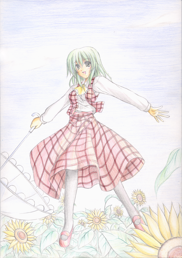 kirisaki byakko, kazami yuuka, touhou, traditional media, 1girl, ascot, blue eyes, female focus, flower, green hair, long skirt, mary janes, outstretched arms, pantyhose, parasol, plaid clothes, plaid skirt, plaid vest, shoes, short hair, skirt, skirt set, solo, spread arms, sunflower, umbrella, vest