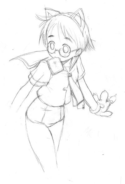 taguchi makoto, graphite (medium), traditional media, 1girl, animal ears, bread, cat ears, female focus, food, glasses, greyscale, monochrome, mouth hold, one-piece swimsuit, school swimsuit, school uniform, serafuku, sketch, solo, swimsuit