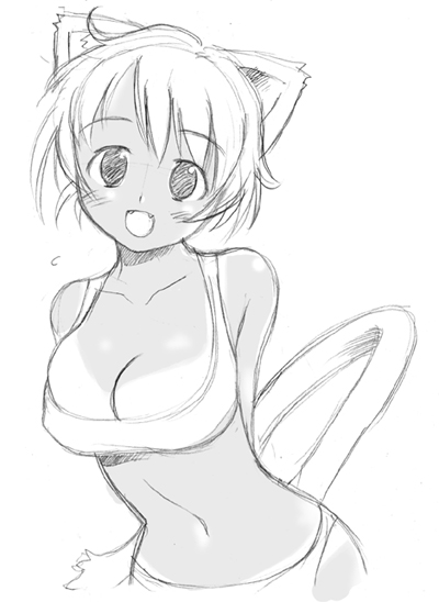 taguchi makoto, graphite (medium), traditional media, 1girl, :d, animal ears, arms behind back, bikini, bikini tan, breasts, cat ears, cat tail, cleavage, fangs, female focus, greyscale, large breasts, monochrome, navel, open mouth, sketch, smile, solo, swimsuit, tail, tan, tanline