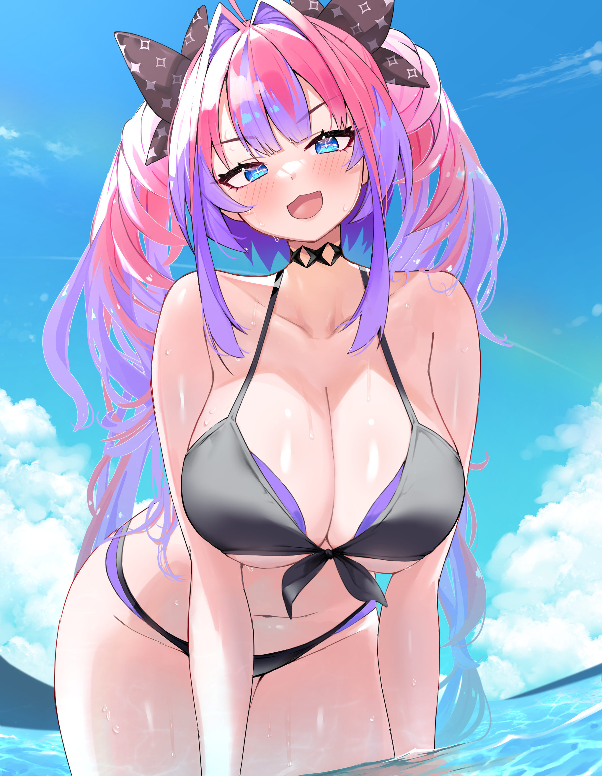 tnolize, kikirara vivi, hololive, hololive dev is, absurdres, bilingual commentary, commentary, english commentary, highres, mixed-language commentary, revision, variant set, 1girl, :d, ahoge, alternate breast size (larger), bikini, black bikini, black choker, blue sky, blush, breasts, choker, cleavage, cloud, collarbone, curvy, day, hair intakes, hair ribbon, large breasts, layered bikini, leaning forward, long hair, looking at viewer, multicolored hair, navel, ocean, open mouth, outdoors, pink hair, purple hair, ribbon, sky, smile, solo, stomach, swimsuit, symbol-shaped pupils, thighs, twintails, two-tone hair, very long hair, virtual youtuber, wading, water, wet