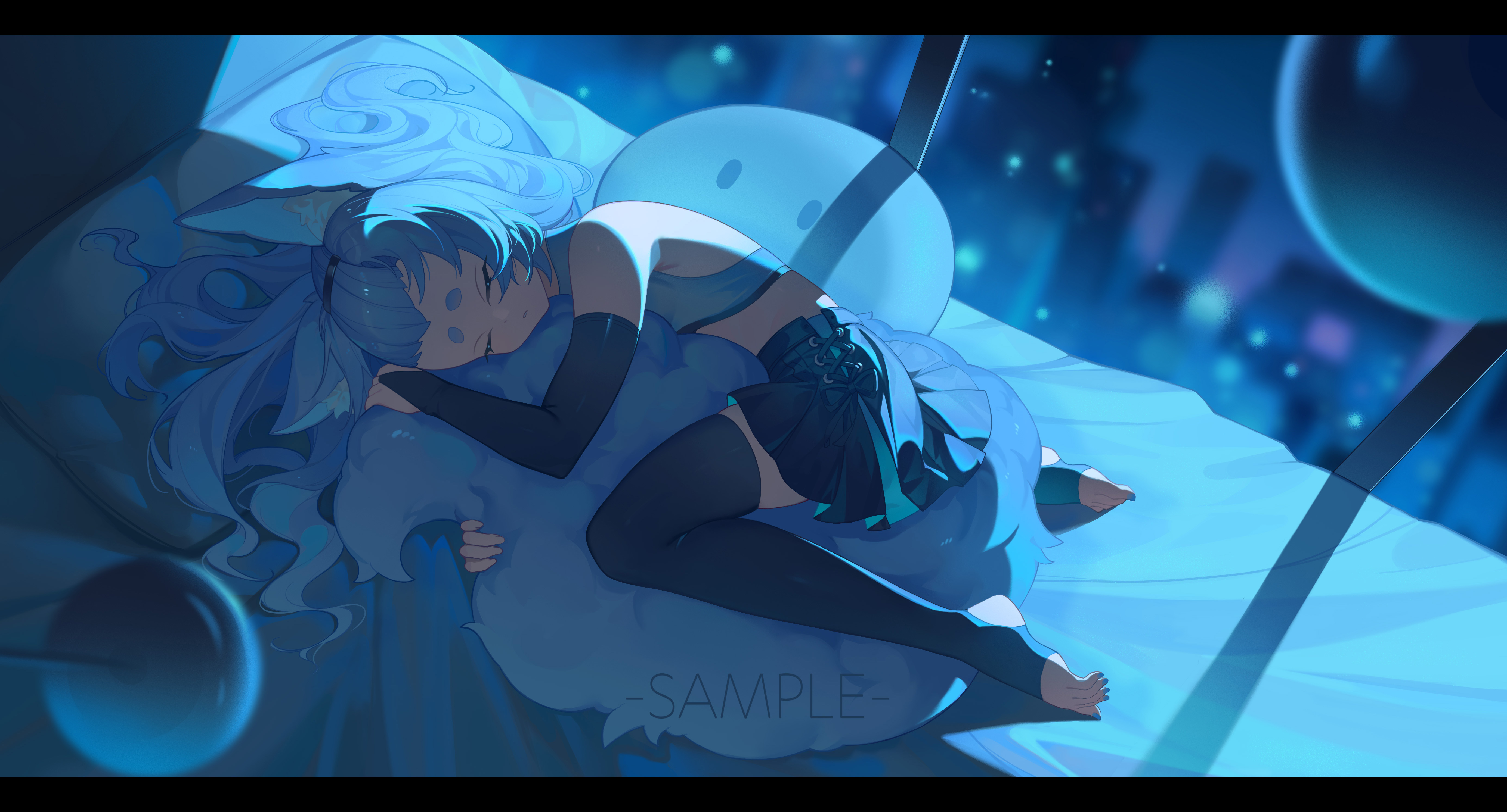 original, absurdres, highres, 1girl, animal ears, black skirt, black thighhighs, blue hair, blue theme, blurry, bridal gauntlets, cai xiao xi, closed eyes, fox tail, gloves, hikimayu, hugging object, hugging tail, letterboxed, long hair, lying, nail polish, no shoes, on side, pleated skirt, sample watermark, short eyebrows, skirt, sleeping, solo, stirrup legwear, tail, thick eyebrows, thighhighs, toeless legwear, toenail polish, toenails, toes, watermark