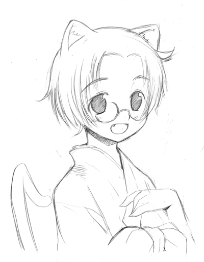 taguchi makoto, graphite (medium), traditional media, 1girl, animal ears, cat ears, cat tail, female focus, glasses, greyscale, japanese clothes, kimono, monochrome, sketch, solo, tail