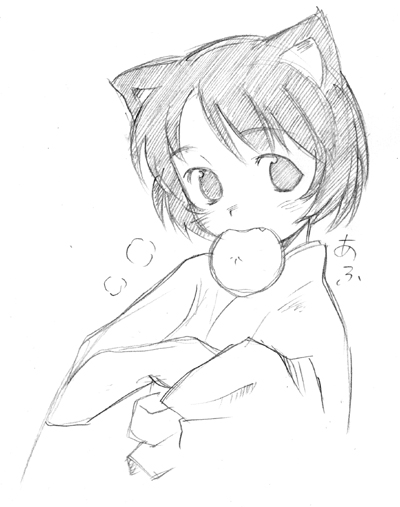 taguchi makoto, graphite (medium), traditional media, 1girl, animal ears, cat ears, eating, fang, female focus, food, greyscale, monochrome, mouth hold, short hair, sketch, solo, steamed bun