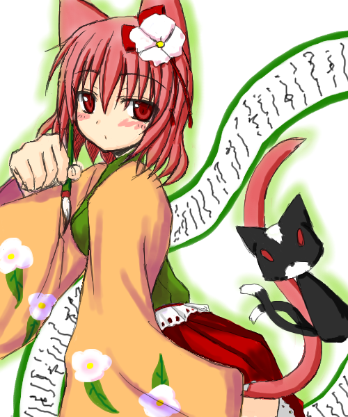 nabeshima tetsuhiro, hieda no akyuu, perfect memento in strict sense, touhou, 1girl, animal ears, cat, cat ears, female focus, flower, hair flower, hair ornament, japanese clothes, kemonomimi mode, scroll, solo, standing, white background