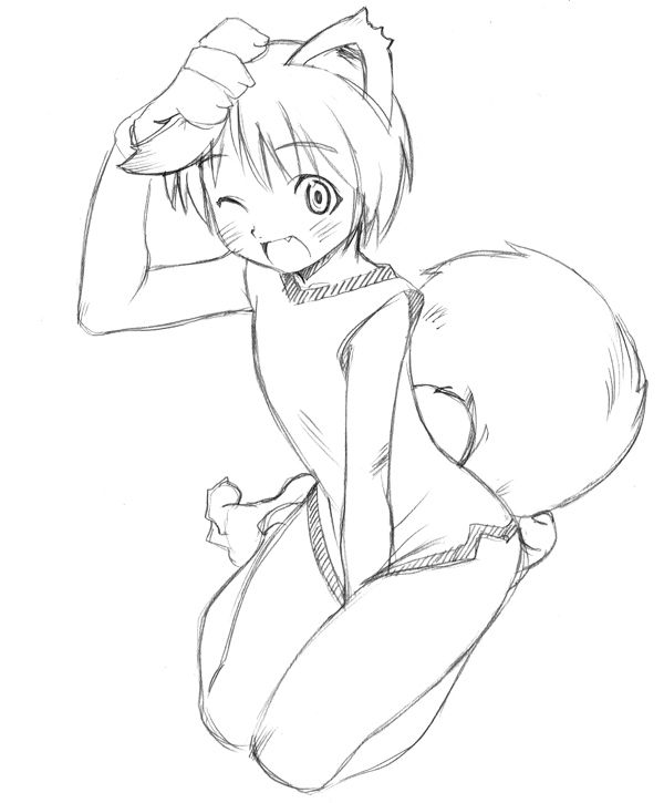 taguchi makoto, graphite (medium), traditional media, 1girl, animal ears, dog ears, dog tail, female focus, greyscale, monochrome, sketch, solo, tail