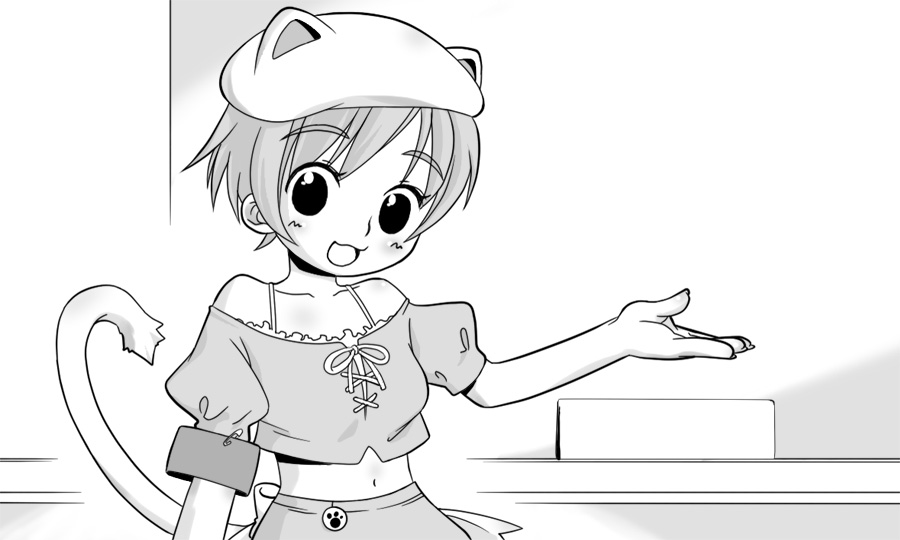 taguchi makoto, tagme, 1girl, animal ears, cat ears, female focus, greyscale, monochrome, solo