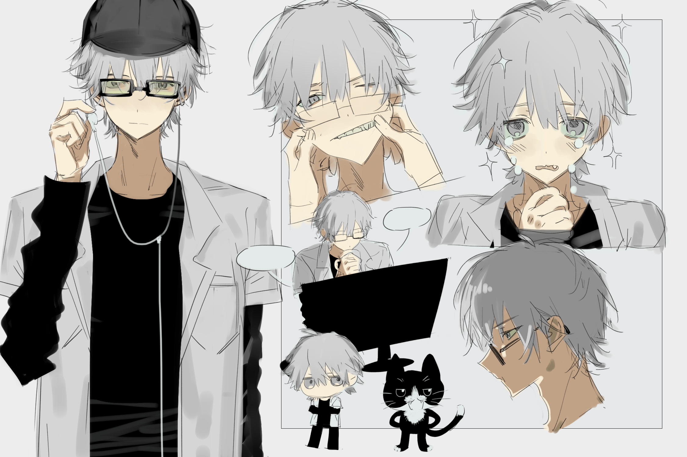 original, highres, …, 1boy, baseball cap, black hat, black shirt, blank speech bubble, cat, chibi, chibi inset, crying, crying with eyes open, glasses, grey background, grey eyes, grey hair, hat, lanye11, male focus, multiple views, shirt, simple background, sketch, sparkle, speech bubble, tears, teeth, upper body