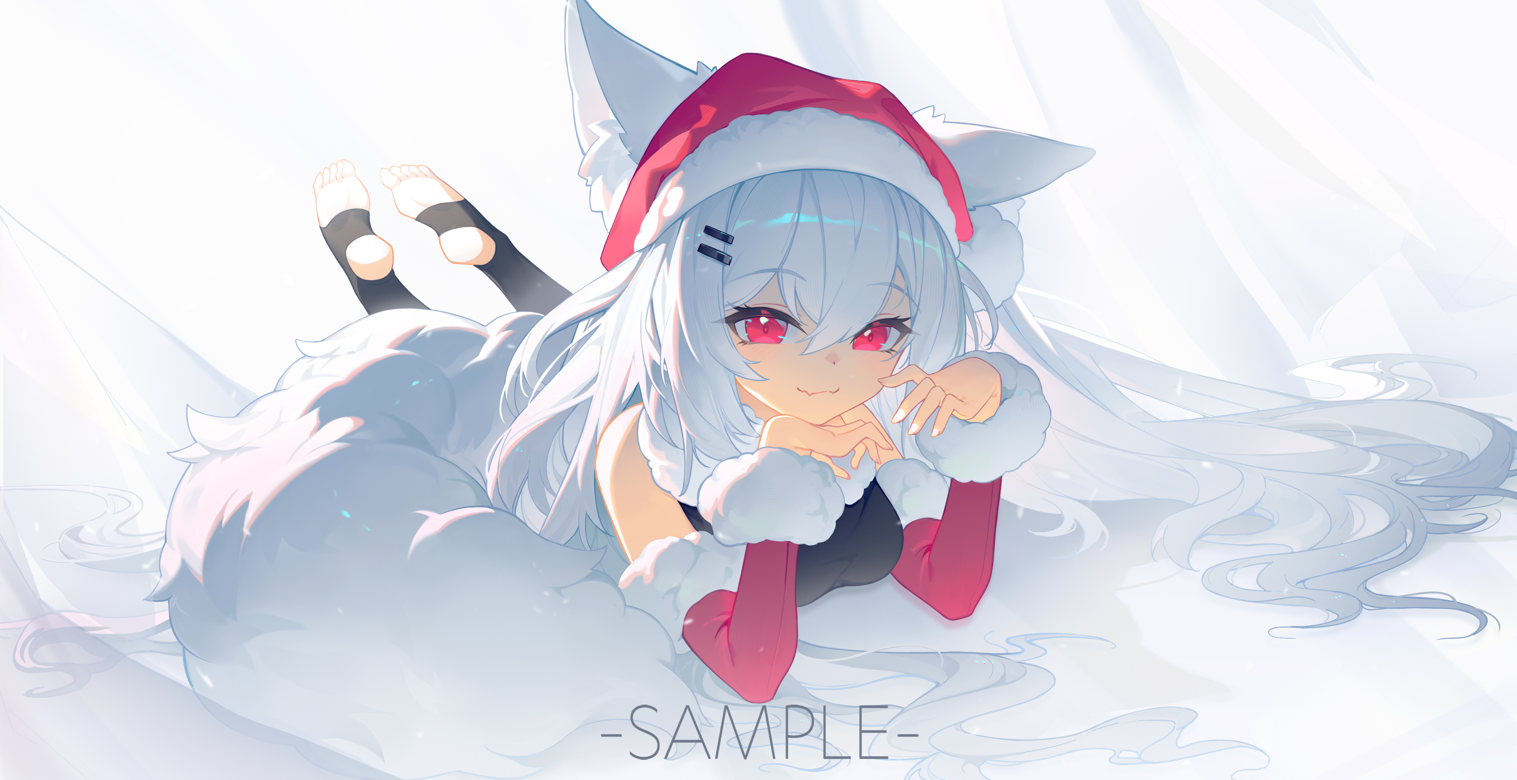 absurdres, highres, 1girl, animal ear fluff, animal ears, breasts, cai xiao xi, closed mouth, detached sleeves, fang, fang out, fox girl, fur-trimmed headwear, fur-trimmed sleeves, fur trim, hair between eyes, hair ornament, hairclip, hat, long hair, looking at viewer, lying, medium breasts, no shoes, on stomach, red eyes, red sleeves, sample watermark, santa hat, smile, soles, solo, stirrup legwear, tail, toeless legwear, very long hair, watermark