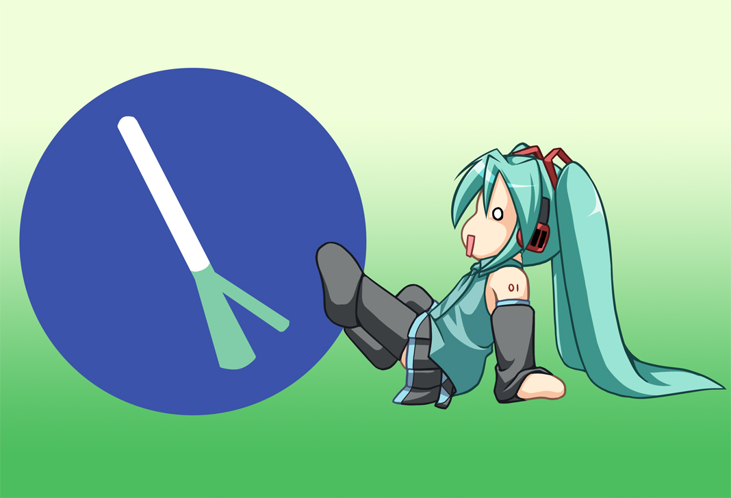 kanna hisashi, hachune miku, hatsune miku, kodomo no jikan, vocaloid, 1girl, aqua hair, chibi, female focus, long hair, parody, solo, spring onion, thighhighs, very long hair