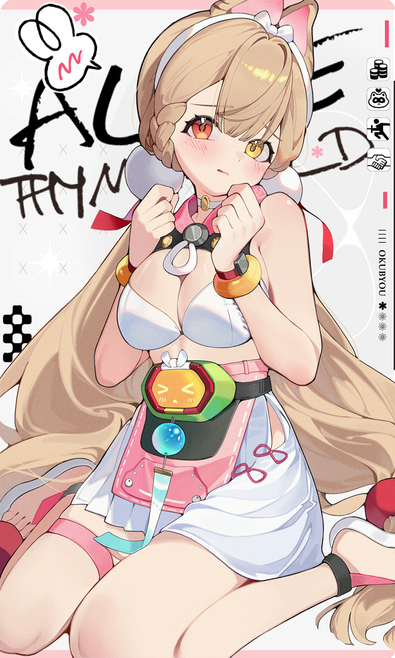 adcd, alice thymefield, alice thymefield (sea of thyme), zenless zone zero, highres, 1girl, animal ears, blush, breasts, choker, cleavage, closed mouth, heterochromia, large breasts, long hair, looking at viewer, low twintails, official alternate costume, one-piece swimsuit, rabbit ears, rabbit girl, red eyes, sandals, solo, spoken blush, swimsuit, thigh strap, twintails, very long hair, white choker, white one-piece swimsuit, white sandals, yellow eyes