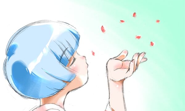 taguchi makoto, 1girl, blowing, blue hair, bob cut, female focus, open hand, petals, profile, short hair, sketch, solo
