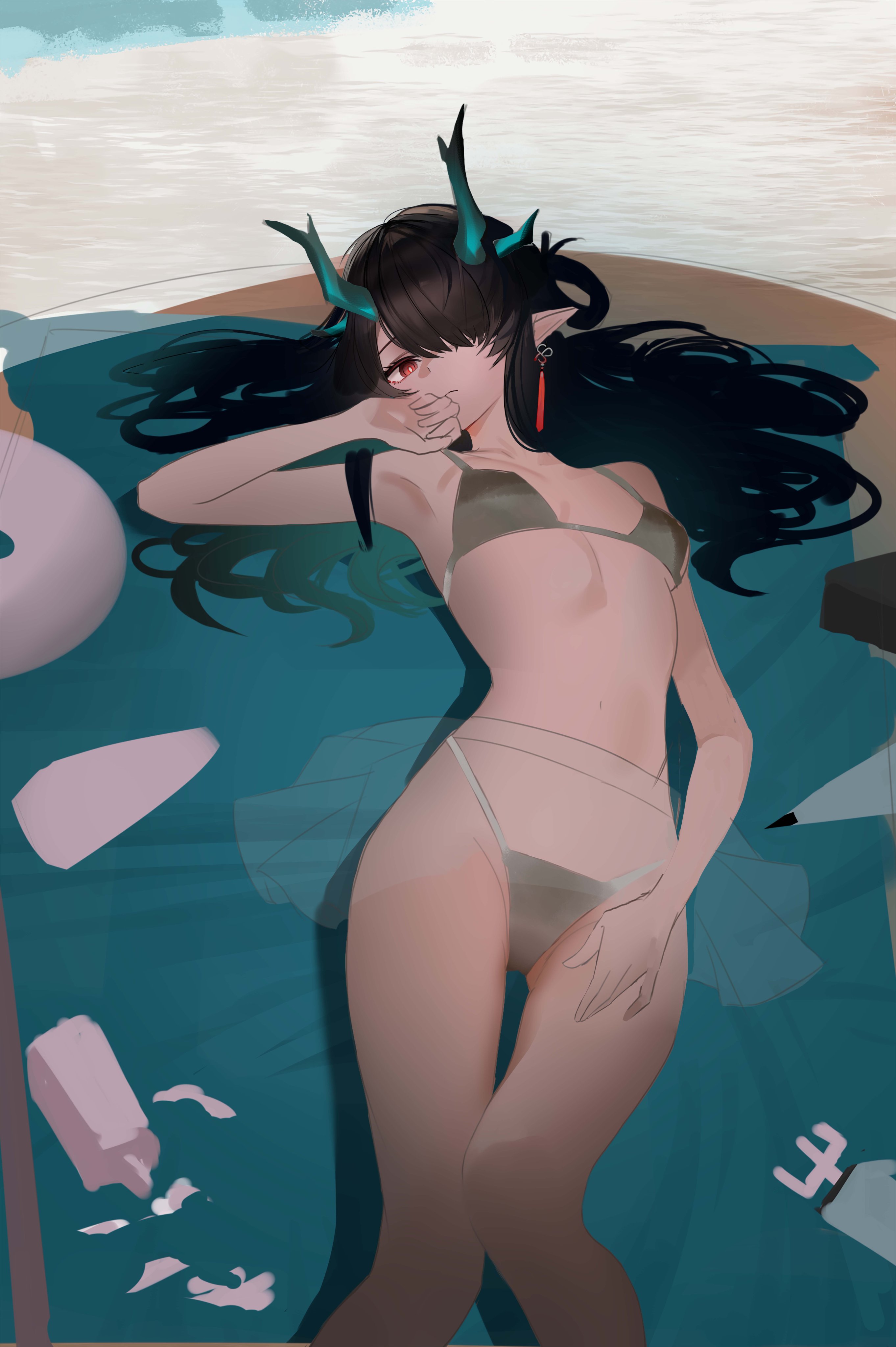 ligod, dusk (arknights), arknights, absurdres, hashtag-only commentary, highres, 1girl, alternate costume, aqua hair, aqua horns, arm up, armpits, bare arms, bare legs, beach, beach towel, bikini, black hair, breasts, closed mouth, collarbone, day, dragon girl, earrings, eastern dragon horns, grey bikini, hair over one eye, highleg, highleg bikini, horns, jewelry, legs, legs together, long hair, looking at viewer, lying, medium breasts, microskirt, multicolored hair, navel, on back, pointy ears, red eyes, see-through clothes, see-through skirt, skirt, solo, stomach, swimsuit, thighs, towel, two-tone hair