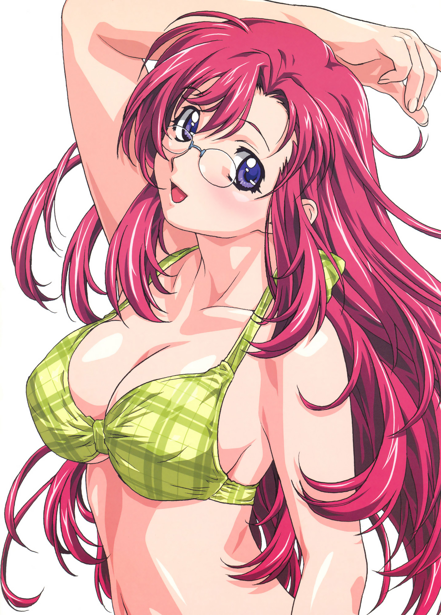 hayashiya shizuru, uon taraku, kazami mizuho, onegai teacher, highres, scan, 00s, 1girl, bikini, blue eyes, breasts, female focus, glasses, large breasts, pince-nez, pink hair, solo, swimsuit, yellow bikini