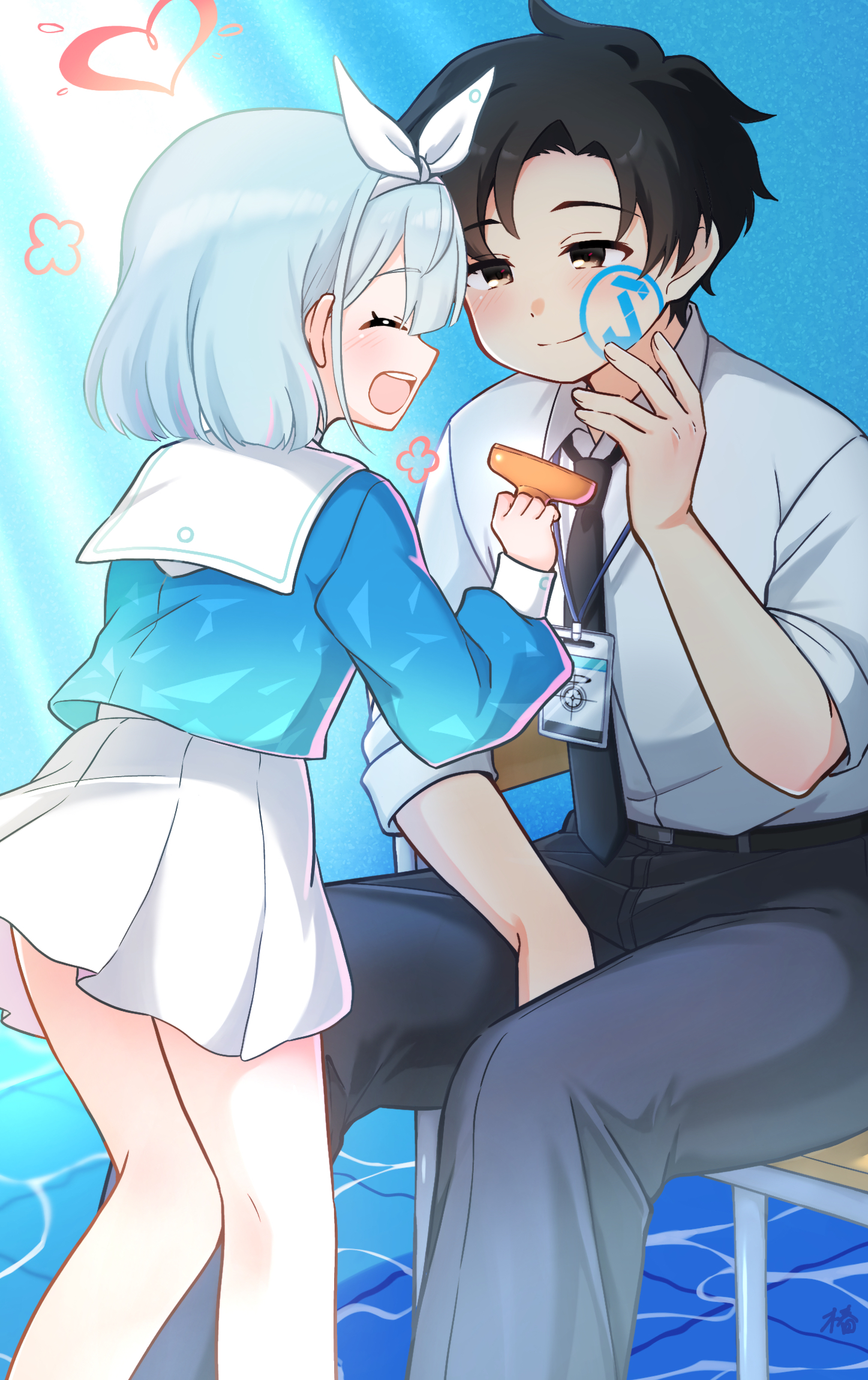 sasayumi tsubaki, arona (blue archive), sensei (blue archive), blue archive, highres, 1boy, 1girl, belt, blush stickers, bow, chair, collared shirt, hair bow, heart, id card, ink stamp, lanyard, miniskirt, necktie, on chair, open mouth, pants, pleated skirt, school uniform, serafuku, shirt, sitting, skirt, sleeves rolled up, smile, white shirt