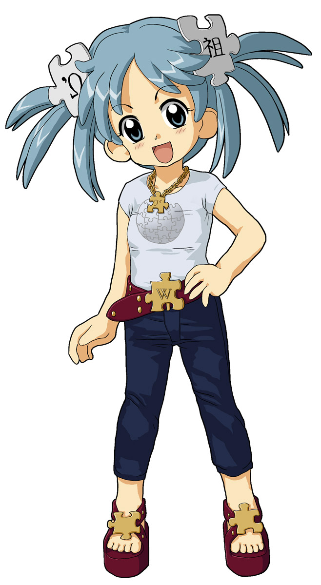 kasuga (kasuga39), wikipe-tan, wikipedia, highres, 1girl, belt, belt buckle, blue eyes, blue hair, blush, buckle, capri pants, casual, chain, chain necklace, female focus, jewelry, necklace, pants, personification, puzzle piece, puzzle piece hair ornament, red sandals, sandals, solo