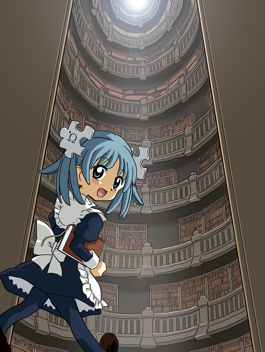 kasuga (kasuga39), wikipe-tan, wikipedia, 1girl, bad anatomy, black pantyhose, book, female focus, library, maid, pantyhose, poorly drawn, skylight, solo, standing
