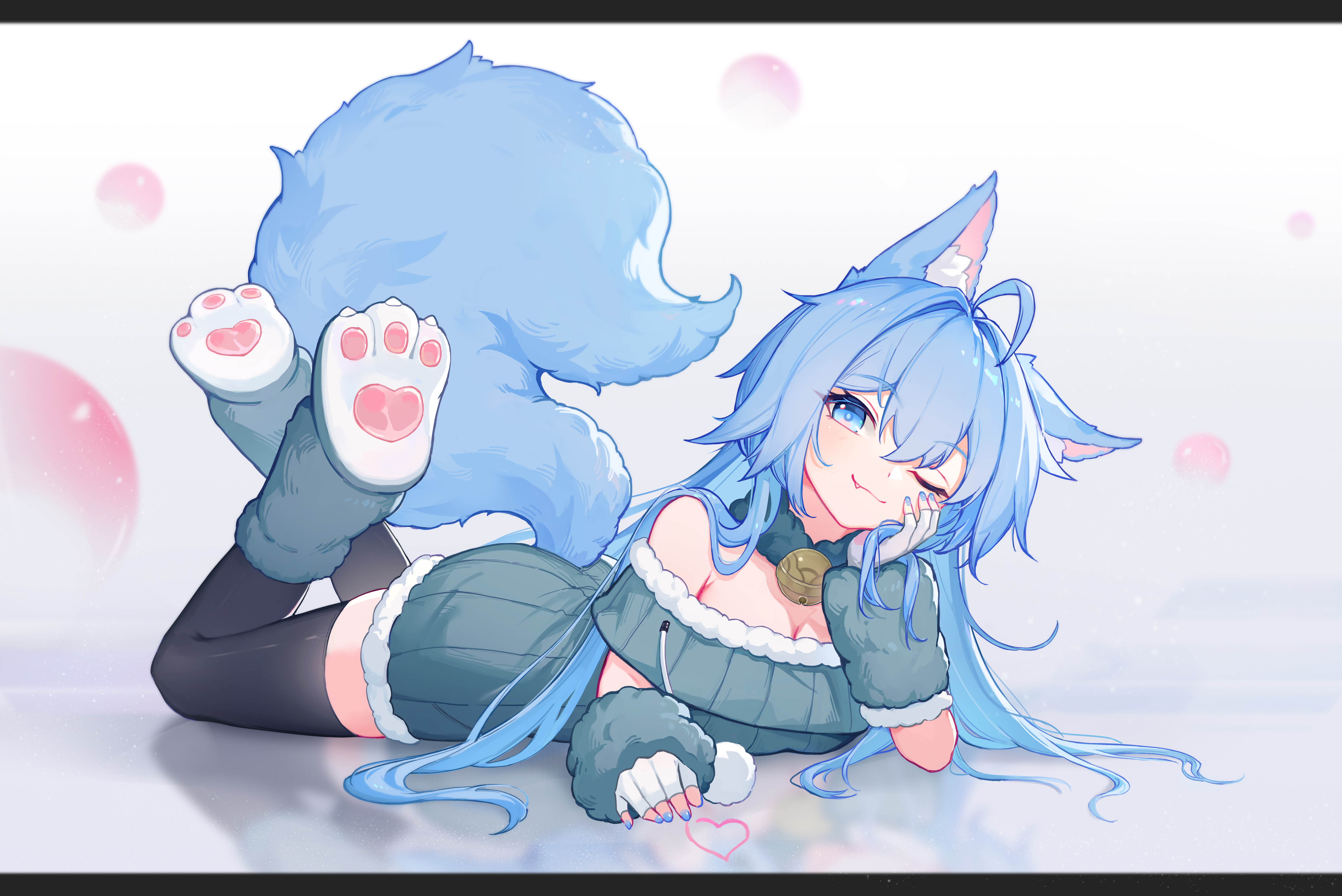 original, absurdres, highres, 1girl, ahoge, animal ear fluff, animal ears, bell, black thighhighs, blue eyes, blue hair, blue nails, breasts, cai xiao xi, cleavage, dress, fang, feet up, fingerless gloves, fox ears, fox tail, fur trim, gloves, heart, letterboxed, long hair, lying, neck bell, off-shoulder dress, off-shoulder sweater, off shoulder, on stomach, one eye closed, smile, solo, sweater, sweater dress, tail, thighhighs
