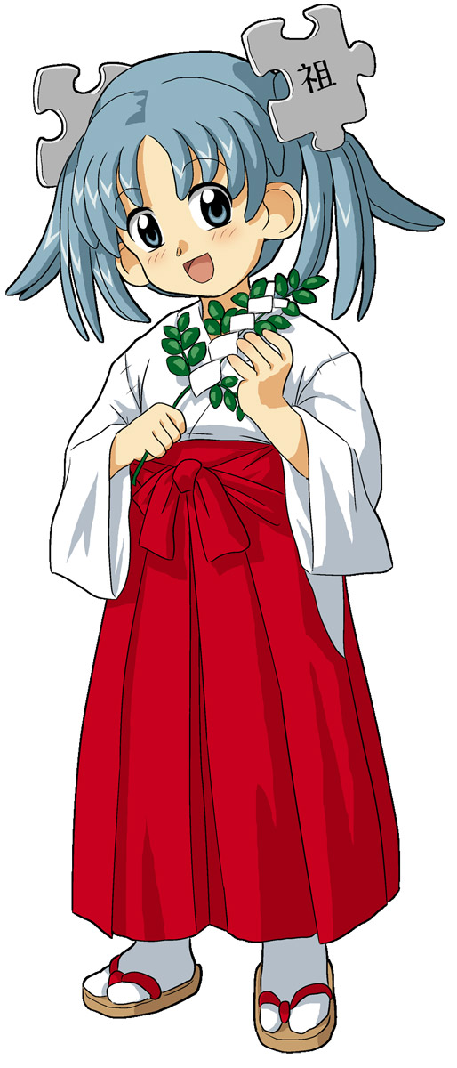 kasuga (kasuga39), wikipe-tan, wikipedia, highres, 1girl, :d, alternate costume, blue eyes, blue hair, blush, child, female focus, full body, gohei, hair ornament, hakama, hakama skirt, happy, head tilt, holding, japanese clothes, leaf, long sleeves, looking at viewer, matching hair/eyes, miko, oonusa, open mouth, parted bangs, puzzle piece, red hakama, sandals, sash, short hair, short twintails, simple background, skirt, smile, solo, standing, tabi, tamagushi, twintails, white background, wide sleeves, zouri