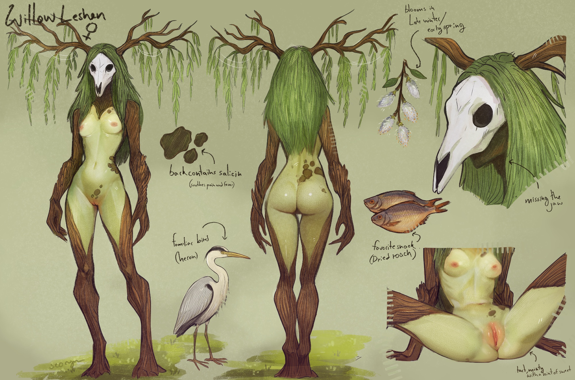 searyn, druid, original, highres, 1girl, animal, antlers, ass, bird, breasts, brown background, colored skin, english text, facing viewer, fish, from behind, green skin, heron, horns, large breasts, long hair, nipples, open mouth, pubic hair, pussy, shiny skin, skull, standing, tongue, tongue out, willow leshen (searyn)
