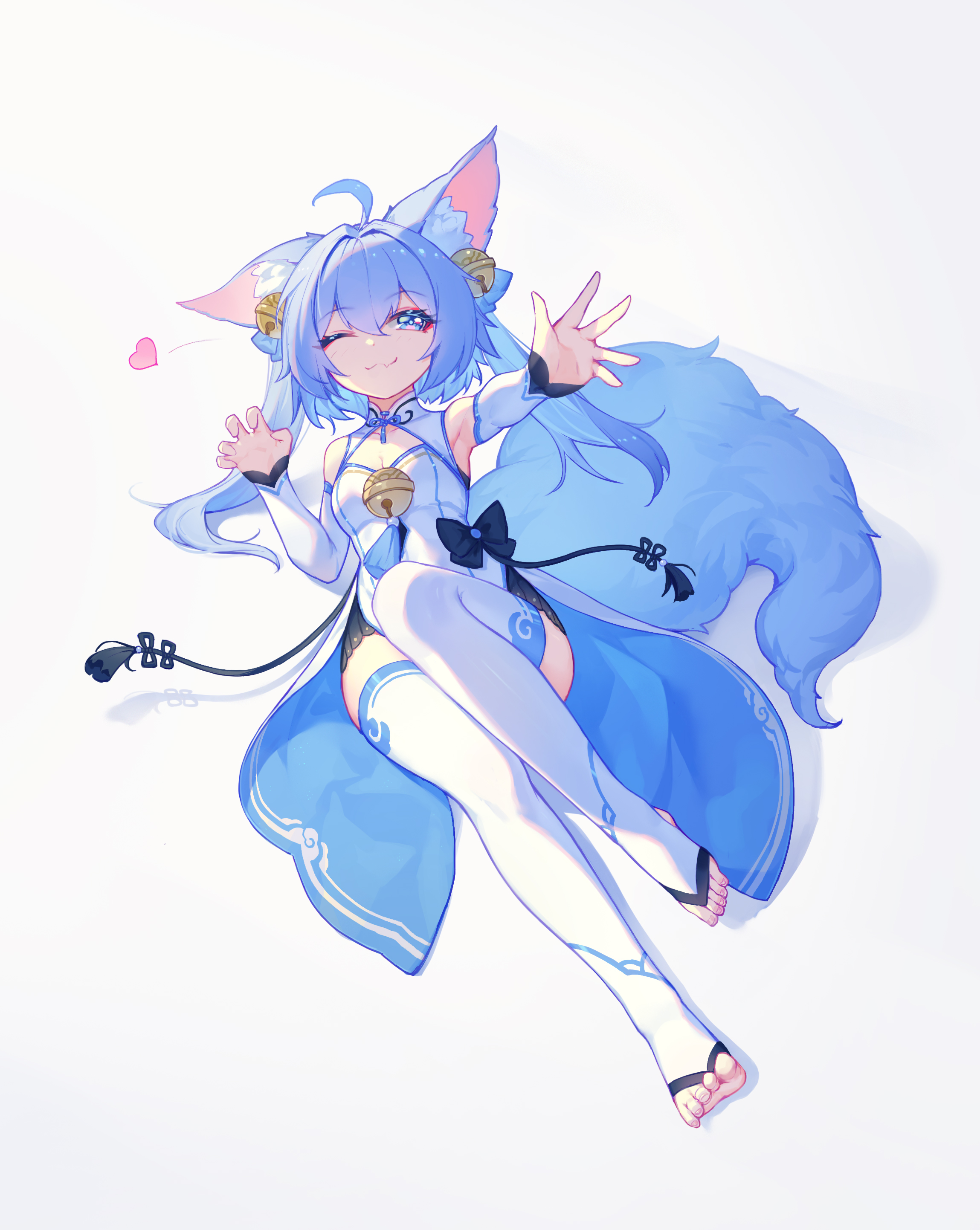 original, absurdres, highres, 1girl, ;3, ahoge, animal ear fluff, animal ears, bell, blue eyes, blue hair, breasts, cai xiao xi, chinese clothes, detached sleeves, dress, fang, feet, fox ears, fox girl, fox tail, full body, hair bell, hair ornament, heart, jingle bell, long hair, looking at viewer, one eye closed, skin fang, small breasts, smile, solo, stirrup legwear, tail, thighhighs, toeless legwear, toes, twintails, white thighhighs