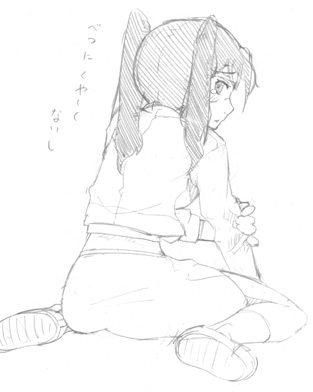 kosame daizu, amasawa yuuko, dennou coil, lowres, translation request, 00s, 1girl, female focus, glasses, greyscale, jacket, long hair, monochrome, sitting, sketch, skirt, solo, twintails, wariza