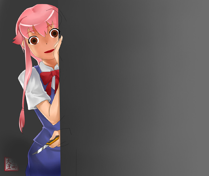 kosame daizu, gasai yuno, mirai nikki, boxcutter, crazy, empty eyes, knife, long hair, peeking out, pink hair, school uniform, serafuku, solo, yandere