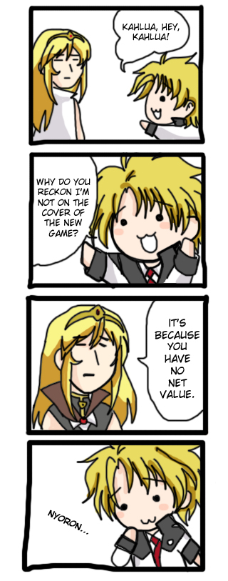 kahlua marjoram, rosel mateus, broccoli (company), galaxy angel, galaxy angel rune, hard-translated, third-party edit, translated, 00s, 1boy, 1girl, 4koma, :3, blonde hair, blush, blush stickers, comic, english text, long hair, nyoro~n, short hair, speech bubble