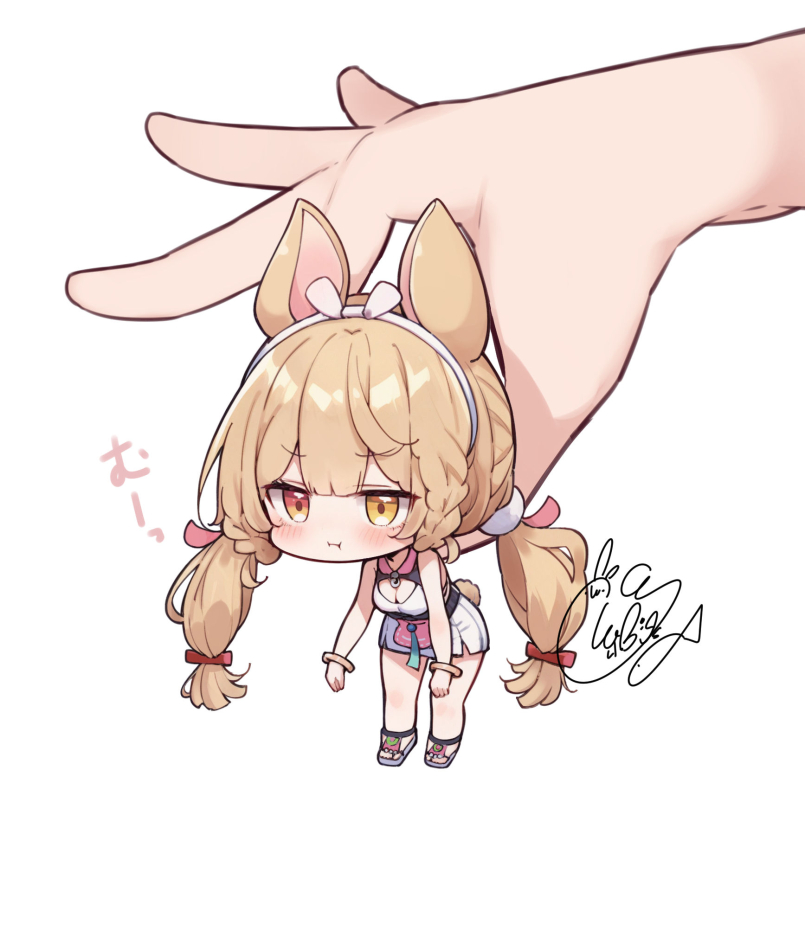 beni shake, alice thymefield, alice thymefield (sea of thyme), zenless zone zero, commentary request, translation request, 1girl, 1other, :i, animal ears, bangle, bare shoulders, blush, bracelet, braid, breasts, brown eyes, brown hair, chibi, cleavage, cleavage cutout, closed mouth, clothing cutout, heterochromia, jewelry, lifting person, long hair, low twintails, medium breasts, out of frame, pout, sandals, signature, simple background, skirt, solo focus, twintails, v-shaped eyebrows, very long hair, white background, white sandals, white skirt, yellow eyes