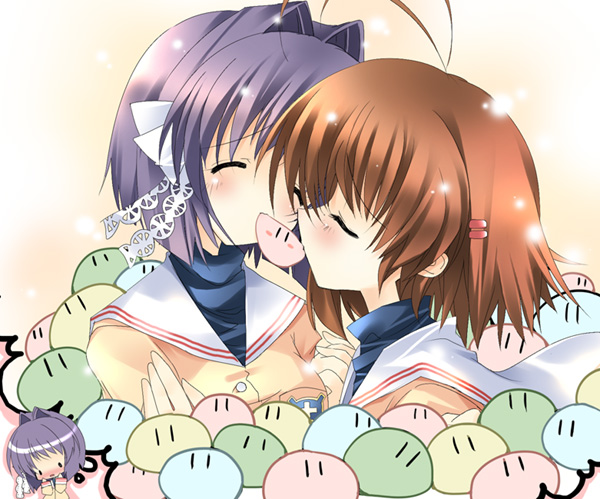 paco, fujibayashi ryou, furukawa nagisa, clannad, dango daikazoku, bad id, bad pixiv id, 00s, 2girls, antenna hair, closed eyes, dango, food, hair ribbon, multiple girls, ribbon, school uniform, serafuku, short hair, wagashi, yuri