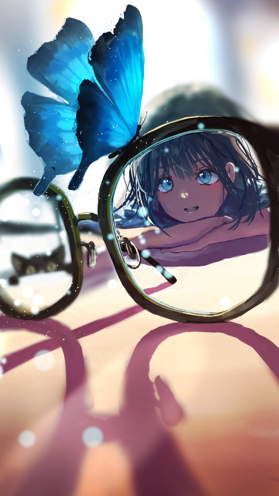 original, commentary, highres, 1girl, aqua eyes, awestruck, backlighting, black-framed eyewear, blue butterfly, blue hair, blue shirt, blurry, blurry background, bug, butterfly, cat, depth of field, glasses, hair between eyes, head on hand, head rest, insect, leaning, leaning on table, lens flare, looking at animal, open mouth, portrait, sanmen (threeface il), shirt, solo focus, teeth, upper teeth only