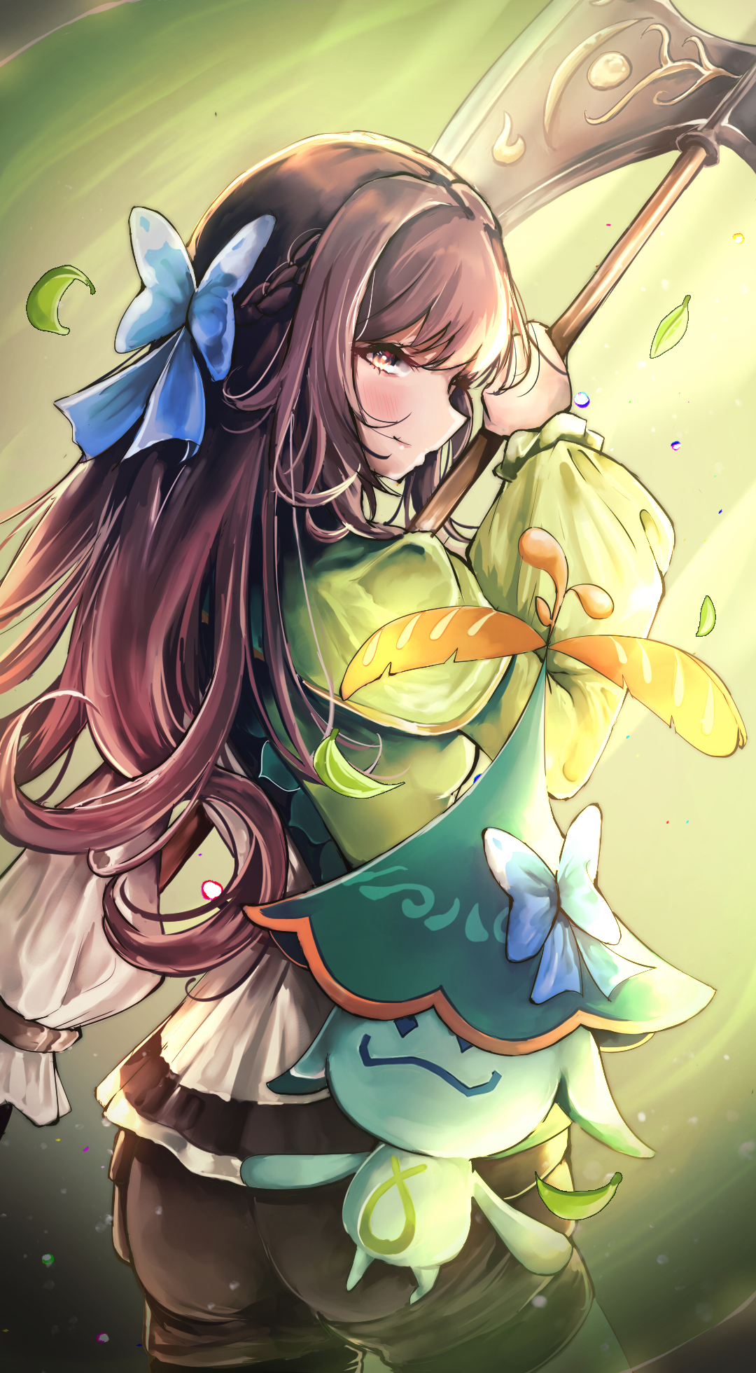 chehg, arana (genshin impact), aranara (genshin impact), rana (genshin impact), genshin impact, commentary, highres, 1girl, ass, axe, battle axe, black shorts, blue bow, bow, brown eyes, brown hair, closed mouth, cowboy shot, falling leaves, green background, hair bow, holding, holding axe, holding weapon, leaf, long hair, long sleeves, looking at viewer, shirt, shorts, solo, twisted torso, weapon
