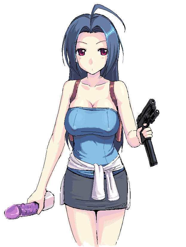 takayaki, jill valentine, miura azusa, idolmaster, idolmaster (classic), idolmaster 1, resident evil, resident evil 3: nemesis, 1girl, ahoge, blue hair, breasts, cleavage, clothes around waist, cosplay, covered erect nipples, dildo, dual wielding, female focus, gun, handgun, holding, huge breasts, jill valentine (cosplay), large breasts, long hair, miniskirt, oekaki, pencil skirt, pistol, red eyes, sex toy, skirt, solo, sweater, sweater around waist, weapon