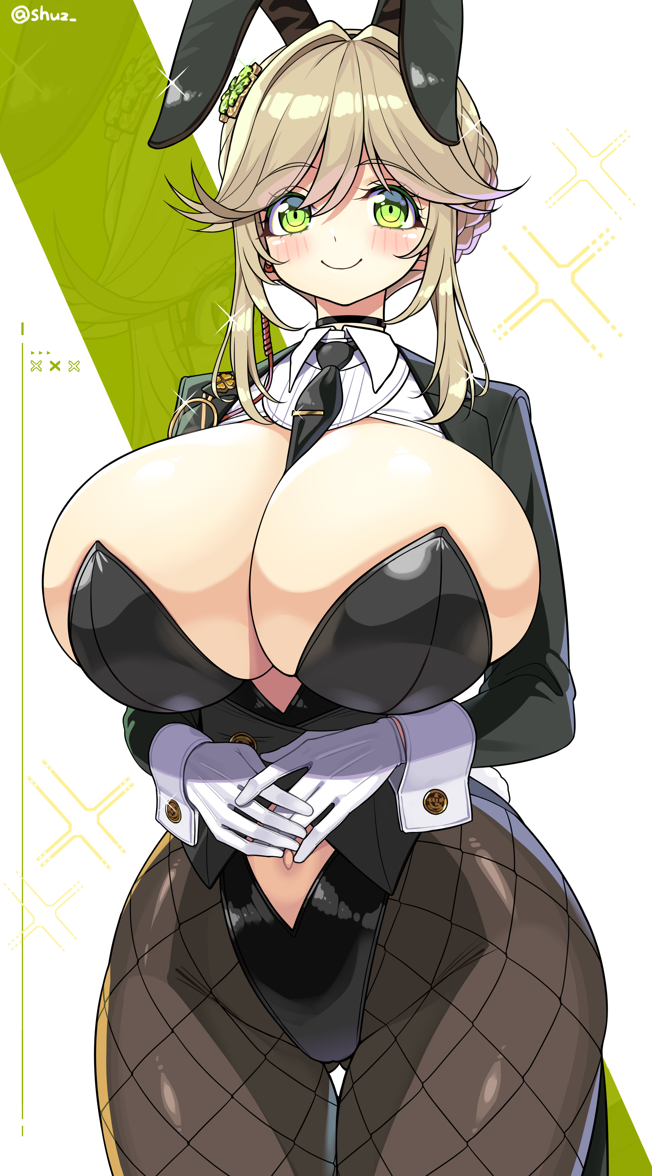 shuz (dodidu), ade (agent bunny) (nikke), ade (nikke), goddess of victory: nikke, absurdres, commentary request, highres, variant set, 1girl, alternate breast size (larger), animal ear hairband, animal ears, between breasts, black choker, black jacket, black leotard, black necktie, blonde hair, blush, braid, breasts, bun with braided base, choker, cleavage, closed mouth, clothing cutout, clover hair ornament, coattails, cowboy shot, detached collar, earpiece, fake animal ears, fake tail, fishnet pantyhose, fishnets, four-leaf clover hair ornament, glasses, gloves, gluteal fold, green background, green eyes, hair between eyes, hair bun, hair intakes, hair ornament, hairband, highleg, highleg leotard, huge breasts, jacket, leotard, long sleeves, looking at viewer, navel, navel cutout, necktie, necktie between breasts, official alternate costume, own hands together, pantyhose, playboy bunny, rabbit ear hairband, rabbit ears, rabbit tail, sidelocks, smile, solo, sparkle, standing, strapless, strapless leotard, swept bangs, tail, thigh gap, twitter username, undersized breast cup, unworn eyewear, white background, wrist cuffs, zoom layer