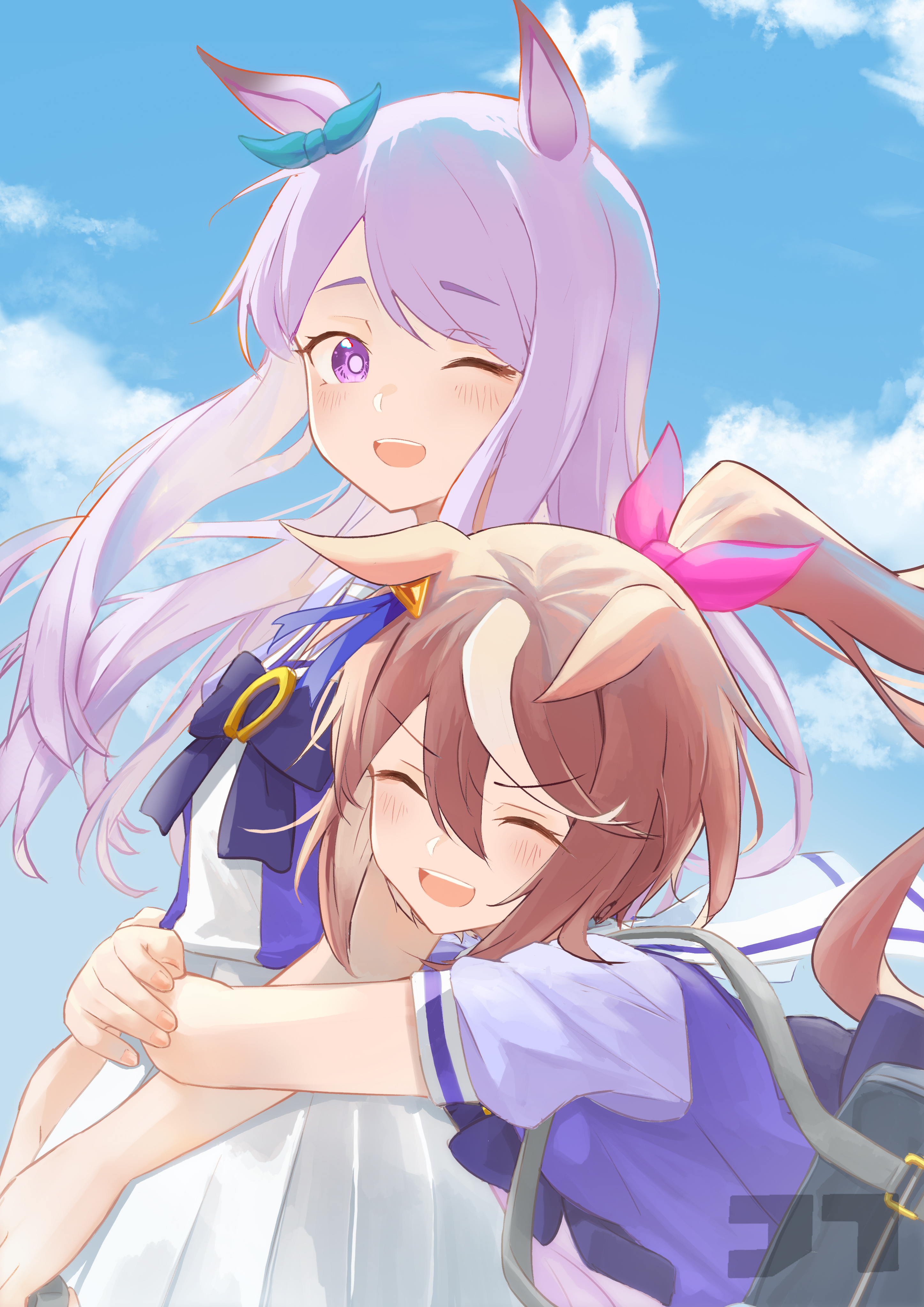 jtleeklm, mejiro mcqueen (umamusume), tokai teio (umamusume), umamusume, absurdres, commentary request, highres, 2girls, ;d, ^ ^, animal ears, bag, blue ribbon, blue sky, bow, bowtie, brown hair, closed eyes, cloud, day, ear bow, ear ornament, green bow, hair bow, horse ears, horse girl, hug, hug from behind, multicolored hair, multiple girls, one eye closed, open mouth, outdoors, pleated skirt, ponytail, purple bow, purple bowtie, purple eyes, purple hair, purple shirt, ribbon, sailor collar, sailor shirt, school bag, school uniform, shirt, short sleeves, shoulder bag, skirt, sky, smile, streaked hair, summer uniform, teeth, tracen school uniform, upper teeth only, white hair, white sailor collar, white skirt, white sleeves, yuri