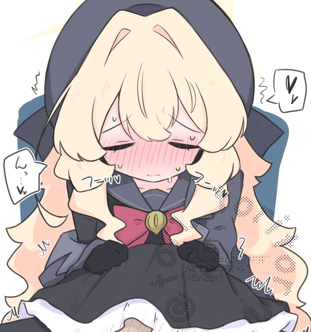 kujou karasuma, professor niyaniya (blue archive), blue archive, commentary request, 1girl, beret, black gloves, black pantyhose, black serafuku, black shirt, black skirt, blonde hair, blush, bow, closed eyes, closed mouth, clothes lift, facing viewer, gloves, grey background, grey hat, grey jacket, grey sailor collar, hair between eyes, hair intakes, halo, hat, heart, jacket, long hair, nose blush, off shoulder, open clothes, open jacket, out-of-frame censoring, pantyhose, red bow, sailor collar, school uniform, serafuku, shirt, skirt, skirt lift, solo, spasm, spoken heart, sweat, two-tone background, very long hair, watermark, white background
