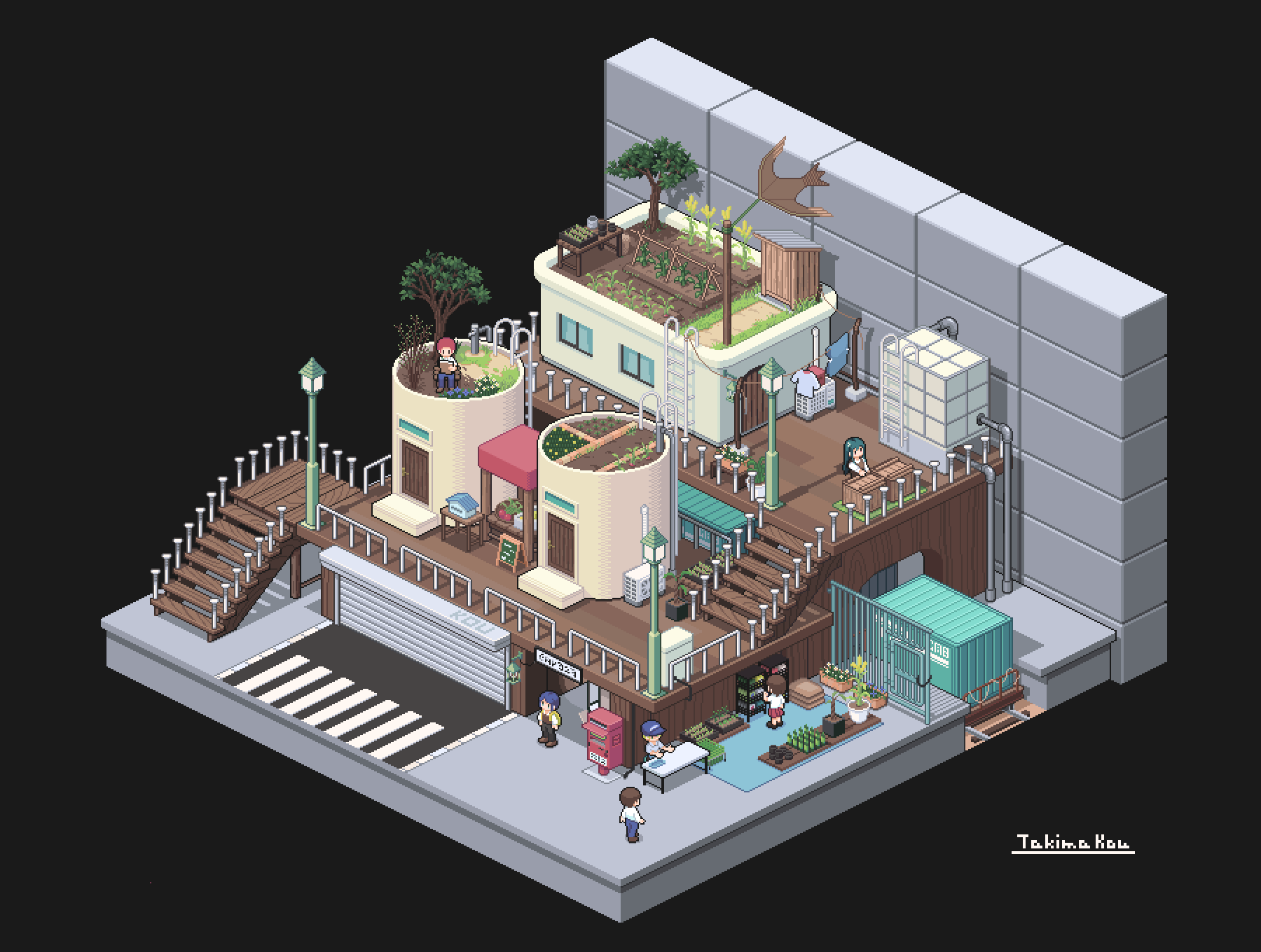 original, highres, 2girls, 4boys, aqua hair, artist name, black background, black hair, blue hair, clothesline, crosswalk, door, flower, garage, garden, hat, industrial pipe, isometric, ladder, lamppost, laundry, multiple boys, multiple girls, pixel art, plant, postbox (outgoing mail), potted plant, railing, red hair, shipping container, simple background, sitting, stairs, standing, takimakou, tree