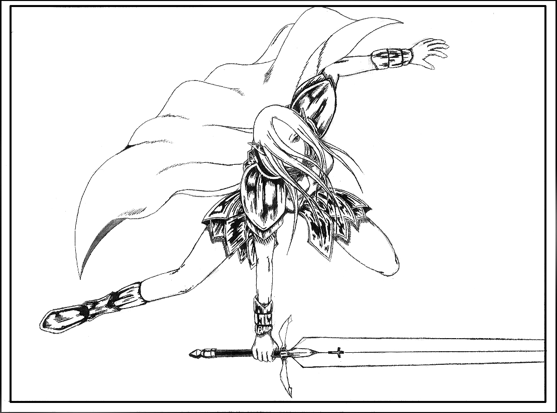 irene, claymore (series), 00s, 1girl, armor, cape, claymore (sword), faulds, female focus, greaves, greyscale, holding, holding sword, holding weapon, long hair, monochrome, pauldrons, pointy ears, shoulder armor, solo, sword, vambraces, weapon