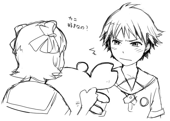 amami haruka, kikuchi makoto, idolmaster, idolmaster xenoglossia, translated, 00s, antenna hair, greyscale, monochrome, school uniform, serafuku, sketch, stuffed toy