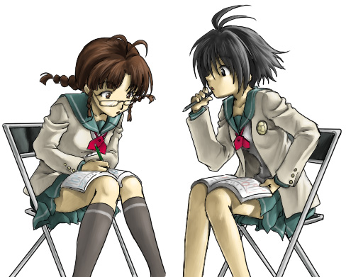 akizuki ritsuko, kikuchi makoto, idolmaster, idolmaster xenoglossia, lowres, 00s, antenna hair, chair, on chair, quad braids, reading, school uniform, serafuku, sitting