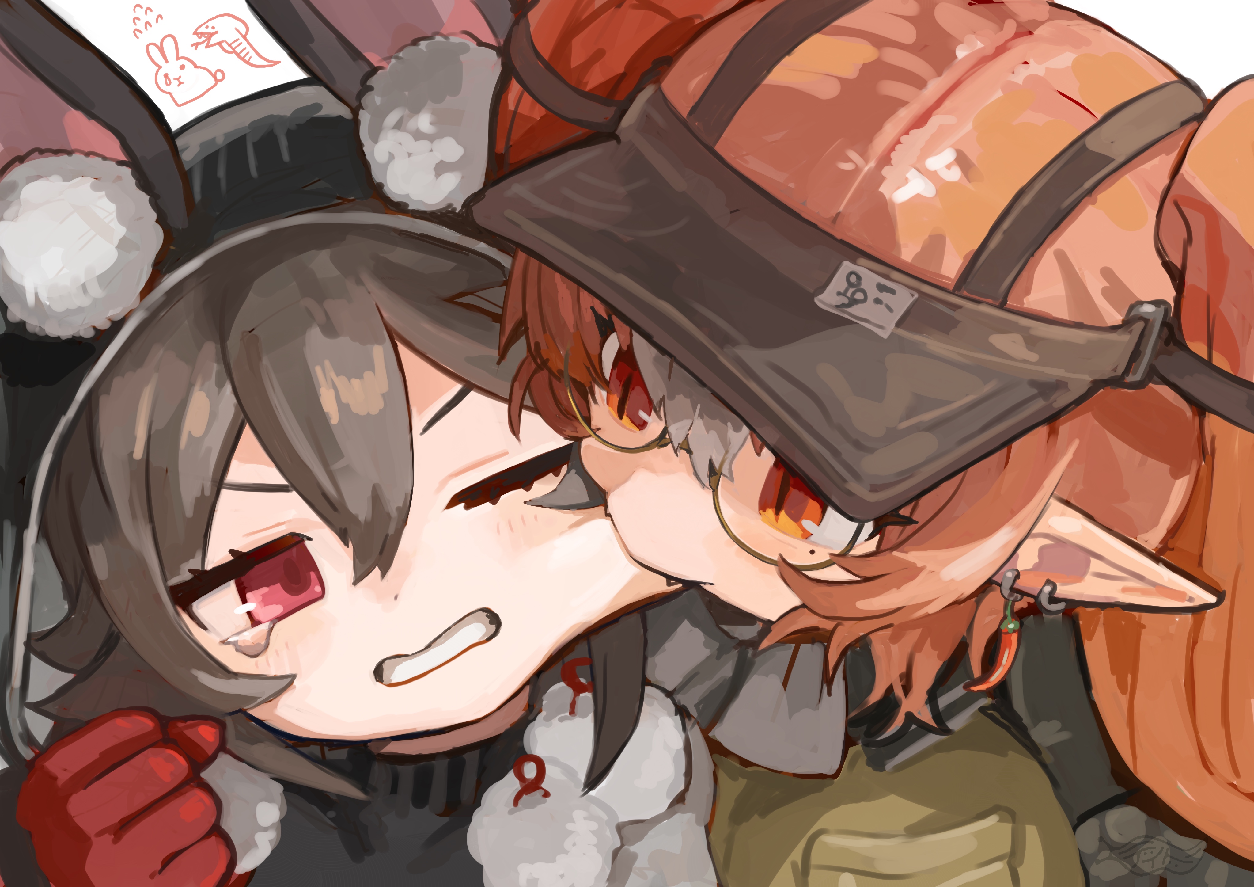dido (di do di do), caper (arknights), wulfenite (arknights), arknights, absurdres, commentary request, highres, 2girls, animal ear fluff, animal ears, biting, biting cheek, black hood, brown hat, clenched teeth, fangs, glasses, grey hair, hat, hood, hood up, long hair, mole, mole under eye, multiple girls, one eye closed, orange eyes, orange hair, pointy ears, portrait, rabbit ears, rabbit girl, red eyes, round eyewear, semi-rimless eyewear, tearing up, teeth, twintails, under-rim eyewear, visor cap