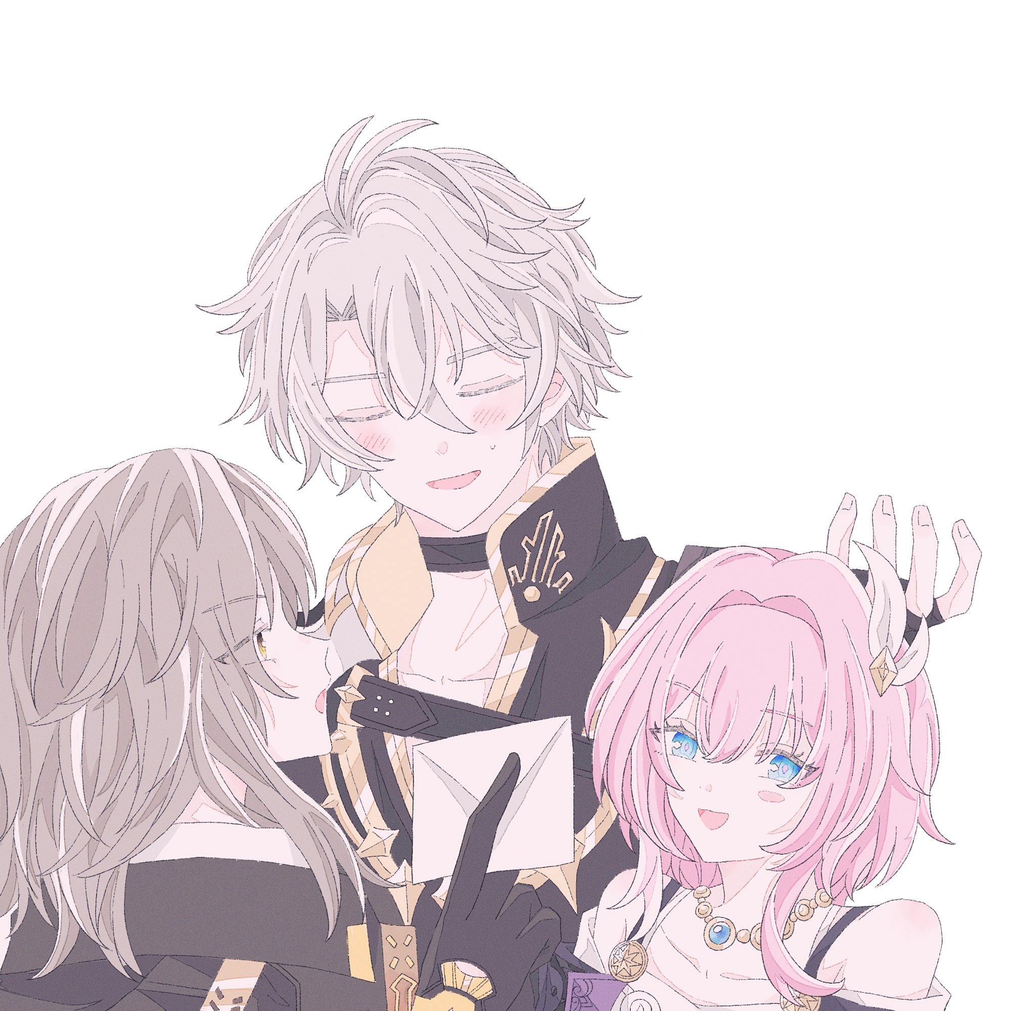 cyrene (honkai: star rail), phainon (honkai: star rail), stelle (honkai: star rail), trailblazer (honkai: star rail), honkai: star rail, honkai (series), highres, 1boy, 2girls, ahoge, bare shoulders, black gloves, black jacket, blush, dress, fingerless gloves, gloves, grey hair, holding, holding letter, jacket, jewelry, letter, medium hair, multicolored hair, multiple girls, necklace, onajinm, pink hair, short hair, simple background, two-tone hair, white background, white dress, white hair, yellow eyes