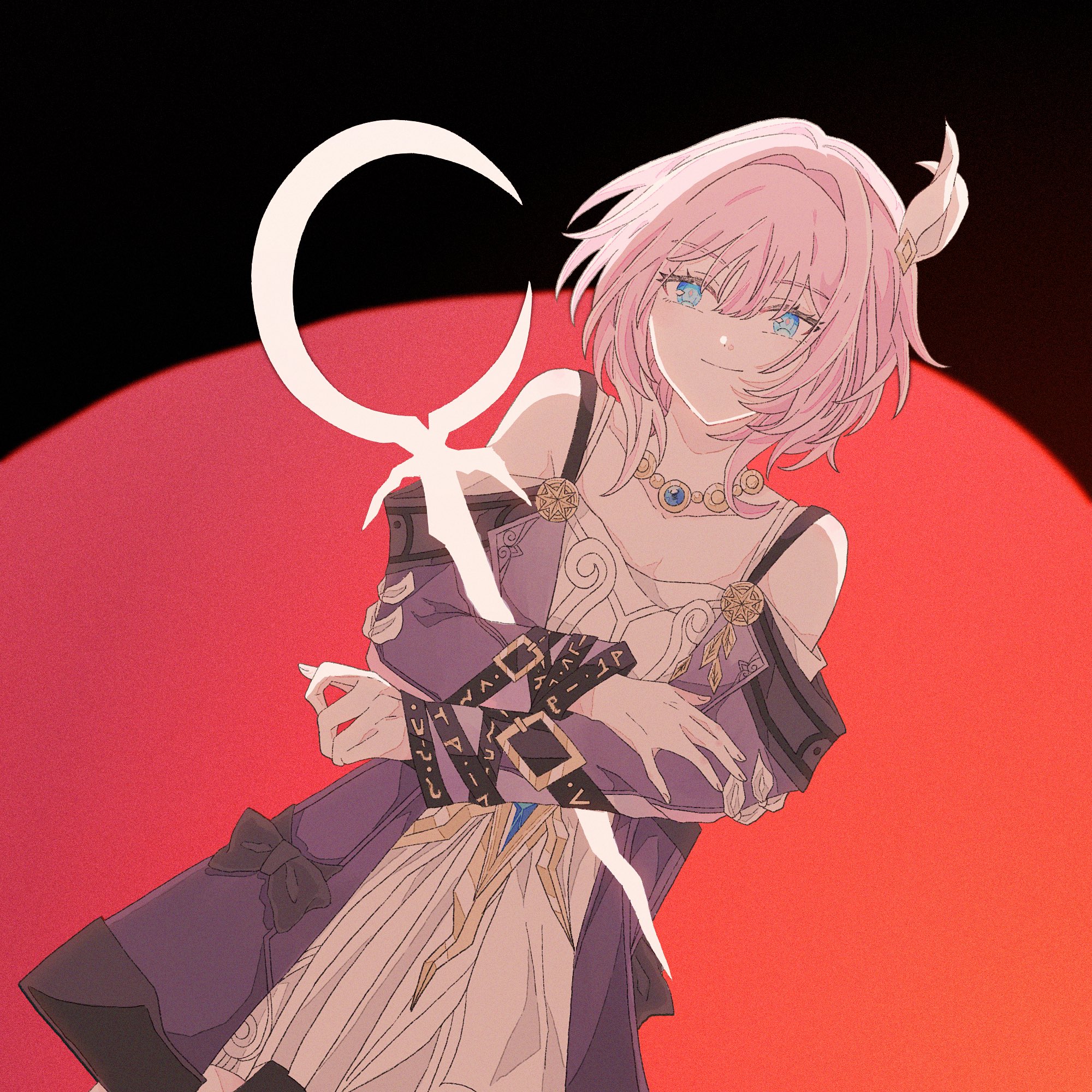 cyrene (honkai: star rail), honkai: star rail, honkai (series), hashtag-only commentary, highres, 1girl, bare shoulders, blue eyes, breasts, ceremonial blade (honkai: star rail), coat, dress, hair ornament, holding, holding staff, jewelry, necklace, onajinm, pink hair, purple coat, small breasts, smile, solo, spotlight, staff, white dress
