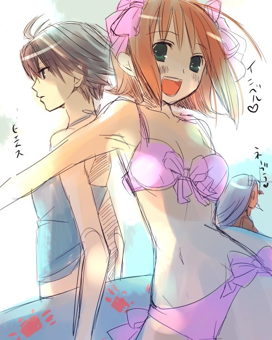 amami haruka, kikuchi makoto, idolmaster, idolmaster xenoglossia, 00s, antenna hair, armpits, bikini, green eyes, short hair, sketch, swimsuit
